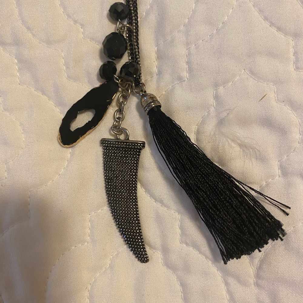 3 for $21 - VGUC -  Black and silver pendant necklace with tassel.